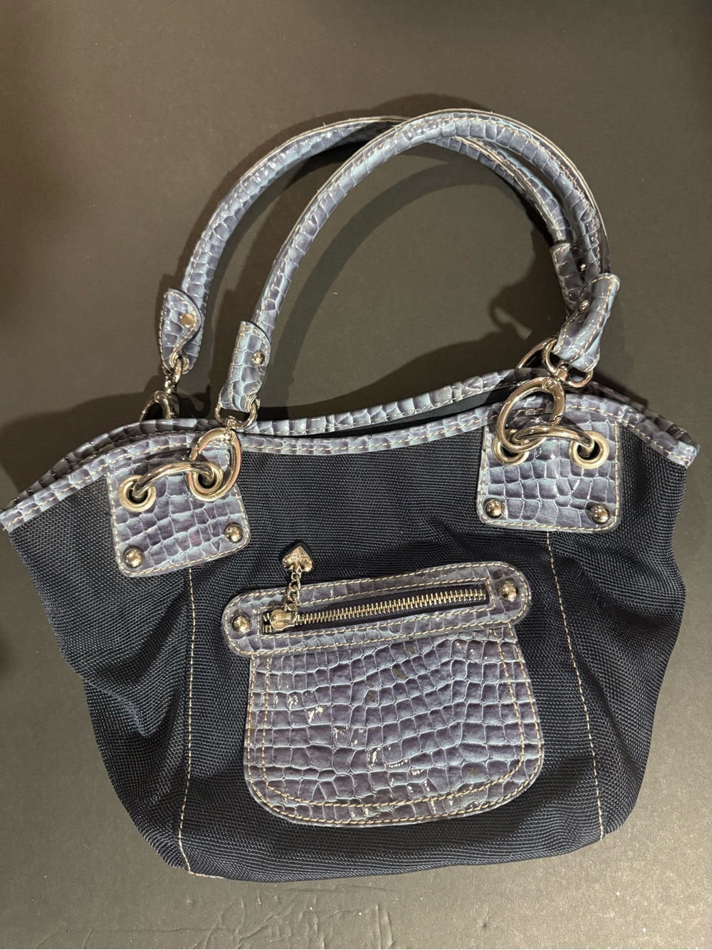 Kathy Van Zeeland Navy Tote with Croc-Trim and Silver Hardware